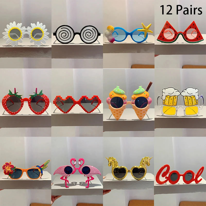 12 Pairs Per Set Cute Beach Sunglasses 2025 Men Funny Summer Vacation Decorative Shades Women Fashion Design Rave Sun Glasses