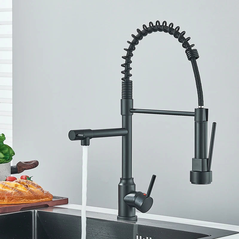 Chrome Spring Pull Down Kitchen Faucet Hot and Cold Water Deck Mounted Tap 360 Rotate Single Hole Single Handle