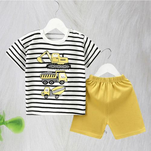 1-6 Y Kids Cartoon Excavator Striped T-Shirt+Shorts 2-Piece Set Cotton Pajama Baby Boys Girls Summer Casual Tracksuit Clothes Su