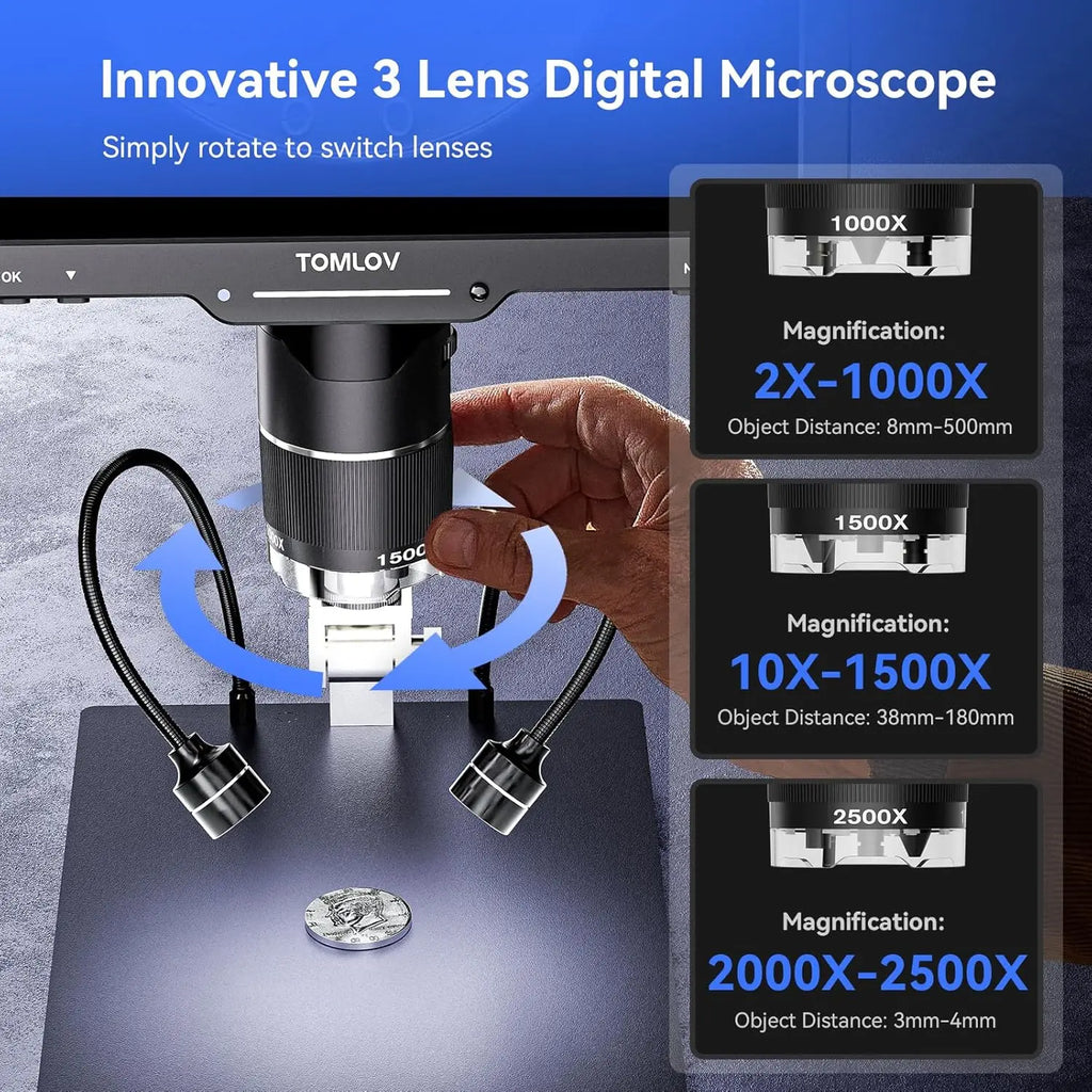 TOMLOV TriL110 3-Lens 2K Digital Microscope 2500X HDMI Coin Microscopes Magnifier 10.1" IPS Screen for  Coins Soldering Tools
