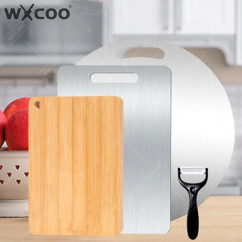 WXCOO Double-sided Cutting Board Kitchen Stainless Steel or Natural Bamboo Chopping Board for Fruit Meat Vegetable Cutting Board