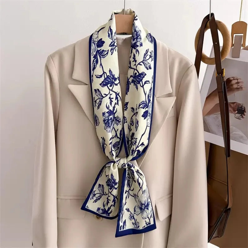 Floral Print 12*145cm Long Ribbon Silk Scarf Women Neck Scarves Headband Female Skinny Neckerchief Hair Band Neck Tie Bag Ribbon