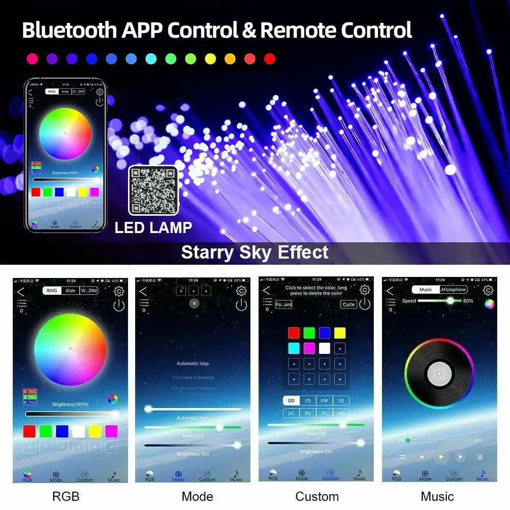 Bluetooth16w Fiber Optic Lights Star Ceiling Lighting Kits Mixed Fiber Strands RGBW Light Source Car Use Headliner Home Decor