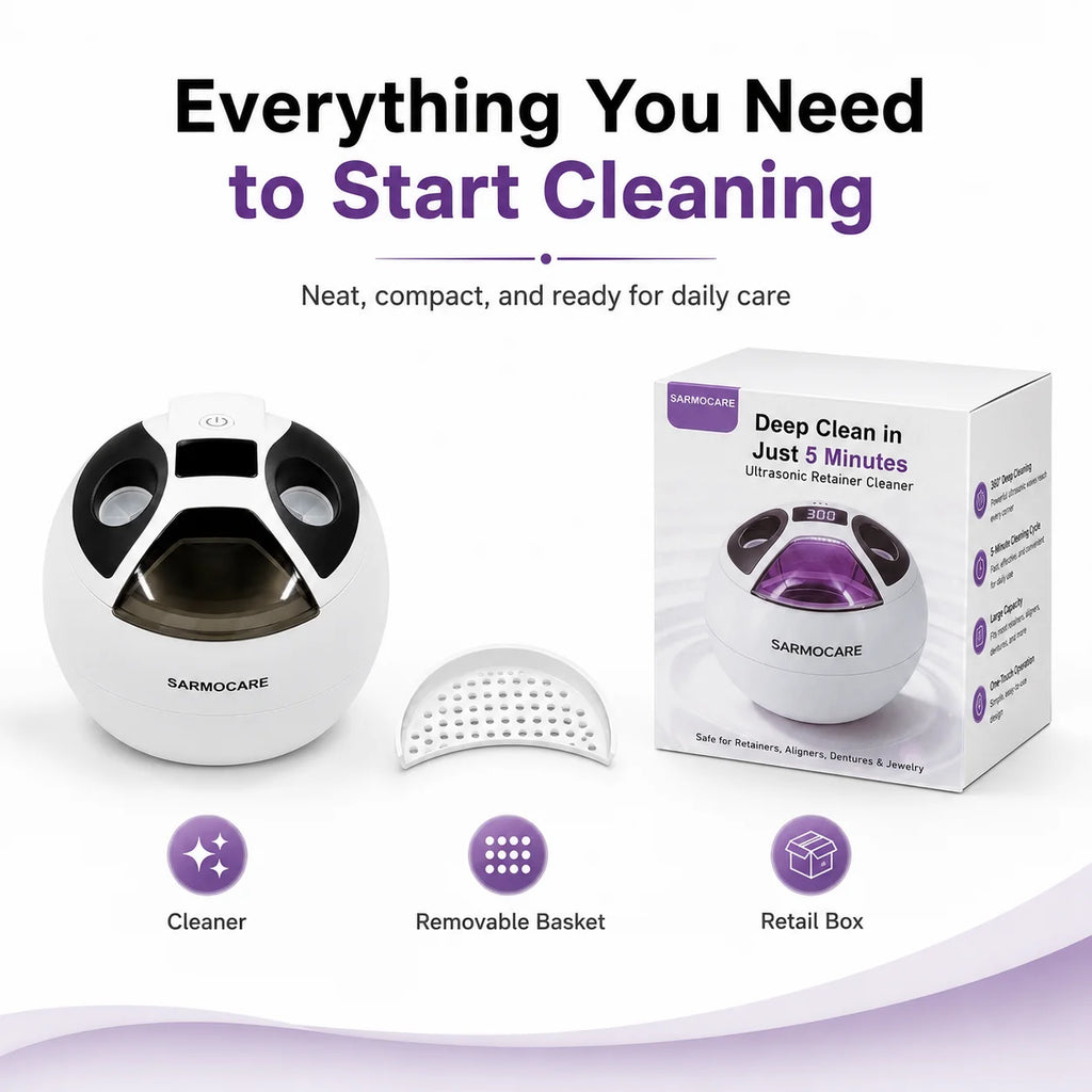 Dental Cleaning Pod 45kHz Ultrasonic Retainer UV Cleaner Machine Digital Timer 2 Modes 200ML Capacity for Dentures Mouth Guards