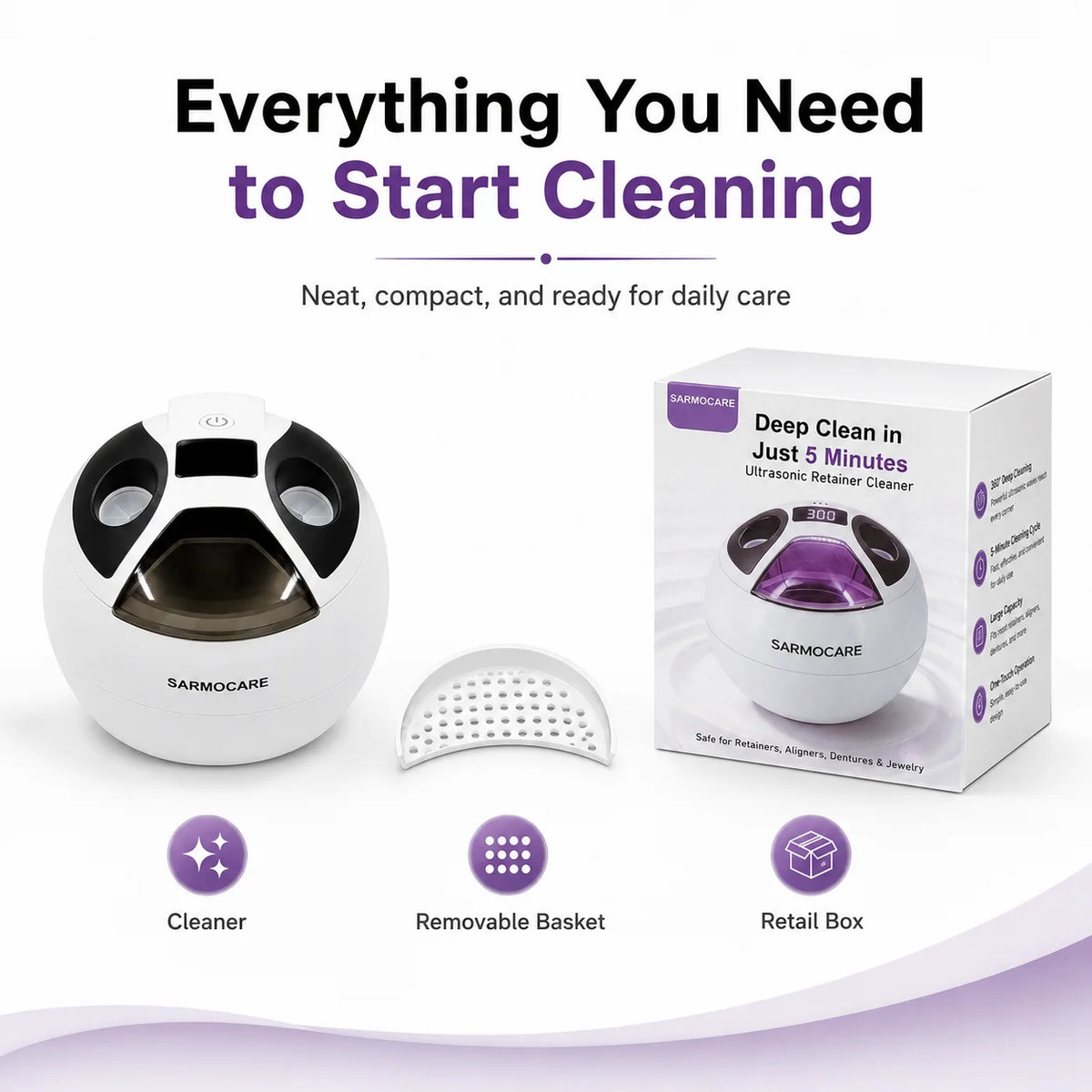 Dental Cleaning Pod 45kHz Ultrasonic Retainer UV Cleaner Machine Digital Timer 2 Modes 200ML Capacity for Dentures Mouth Guards