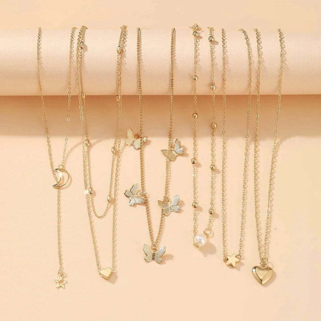 68 Pcs Boho Chic Jewelry Set Vintage Heart Pearl Zircon Butterfly Pendant Earrings Ring Necklace For Women Daily Wear Gifts 2024