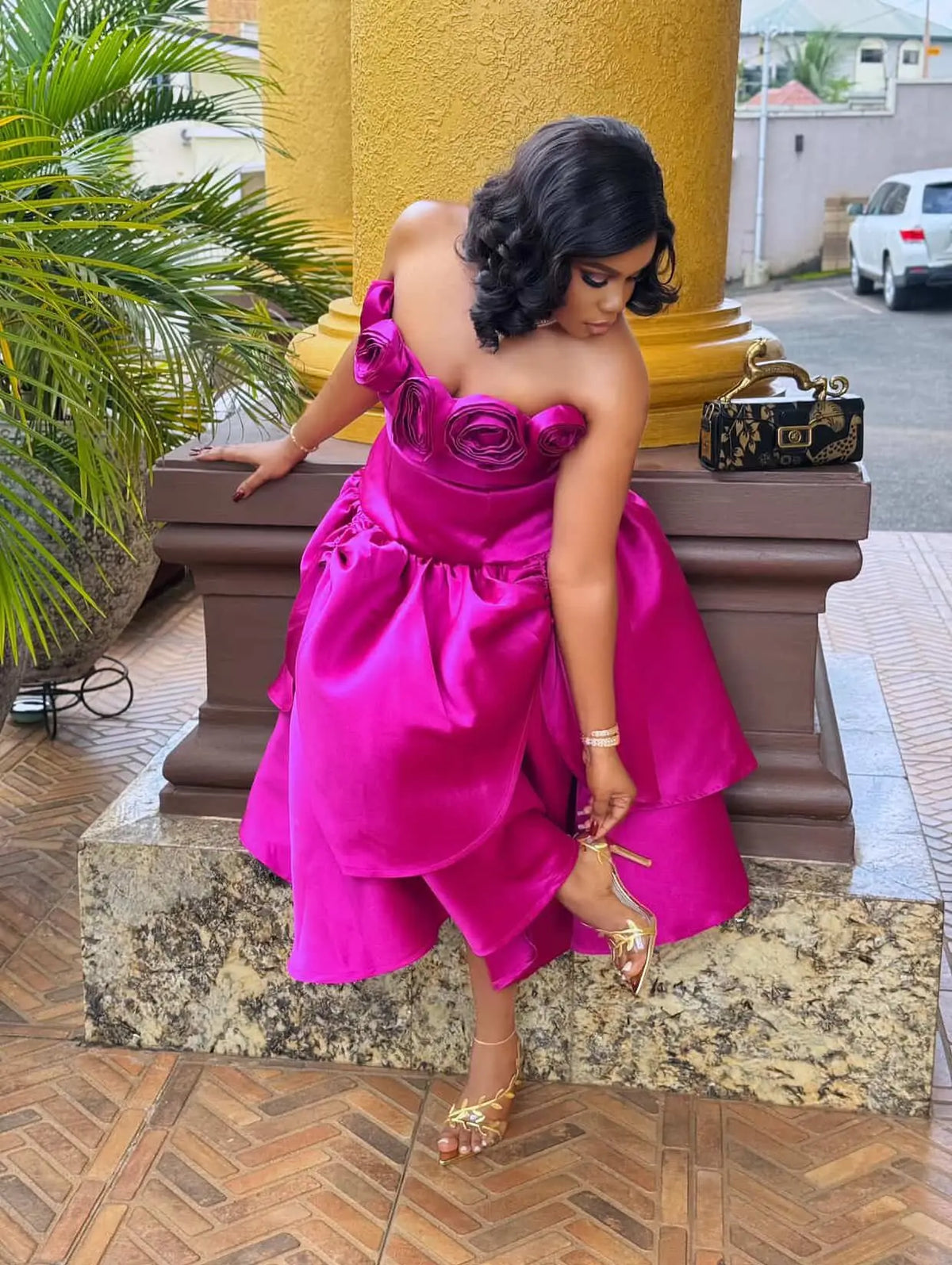 Fashionable Fuchsia Mid Calf Satin Party Dresses With 3D Handmade Flower Detail A-line African Women Dress