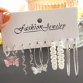Women's Pink Butterfly Earrings Swirly Dangles/Imitation Pearl /Textured Silver Color Hoop Earrings Diverse Earring Set