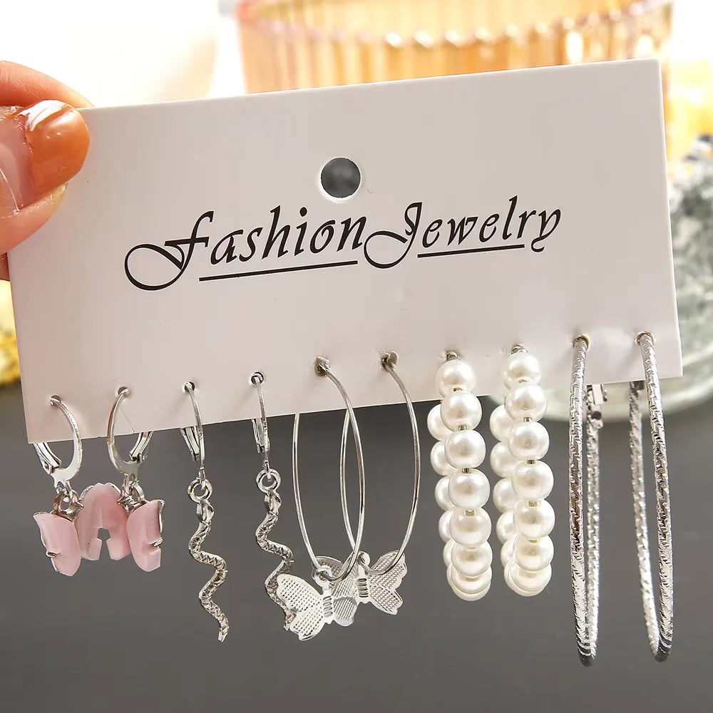 Women's Pink Butterfly Earrings Swirly Dangles/Imitation Pearl /Textured Silver Color Hoop Earrings Diverse Earring Set