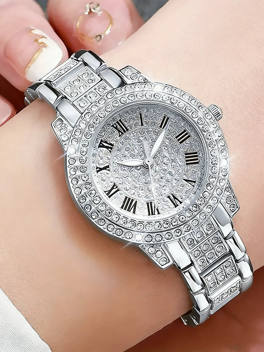 Fashionable round Ladies Quartz Watch And Hollow Embedded Jewelry Set Versatile Gift for Birthdays Elegant Accessory Set No Box