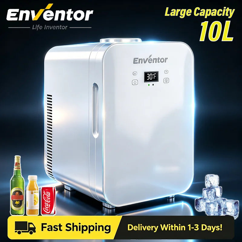 Enventor 10L Mini Car Refrigerator Portable Skincare Fridge AC 120V/DC 12V Thermoelectric Cooler and Warmer Function For Camping