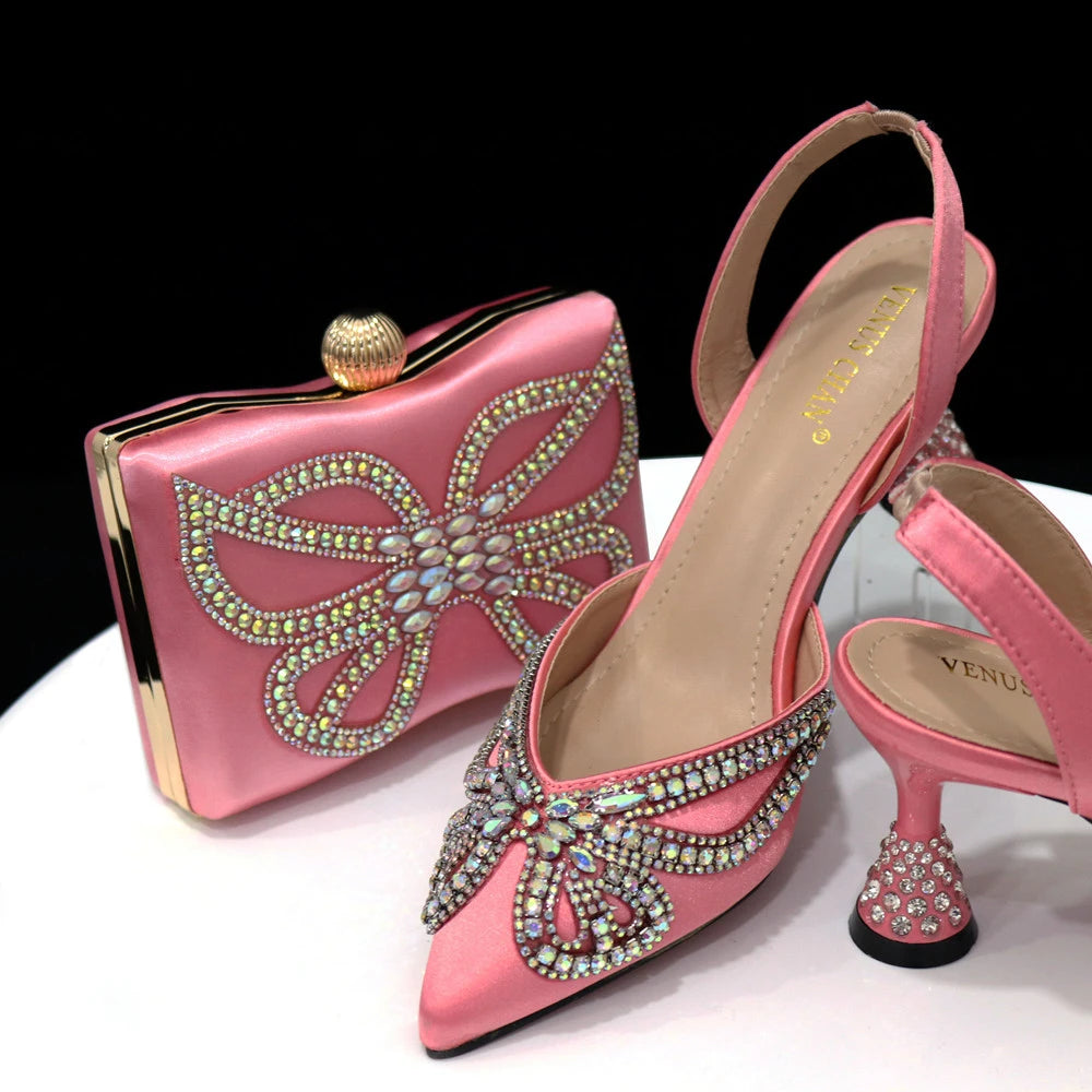 Venus Chan New Elegant Green Bling Bow Pointed Toe Pumps for Women 2024 Party italian Rhinestones shoes and bags matching set