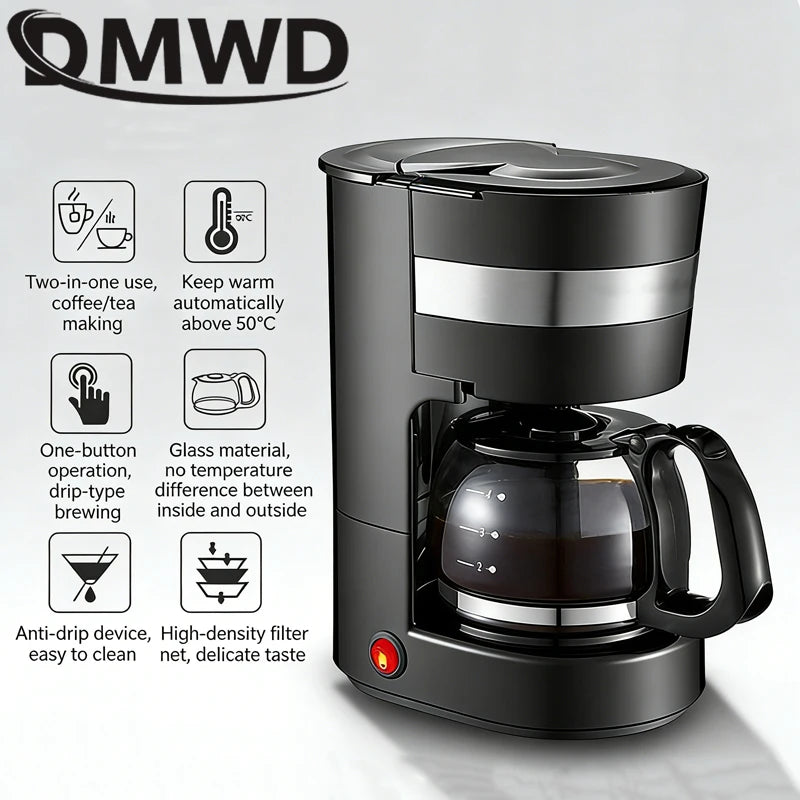 DMWD Automatic Electric Latte Espresso Coffee Maker Mini 650ml Moka Drip Cafe American Coffee Brewing Machine Tea Pot Boiler EU