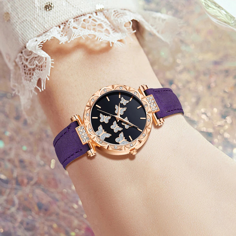 5PCS Purple Women's Watch Set Fashion Trend Butterfly Element Dial Quartz Watch Bracelet Necklace Earrings Set Holiday Gift