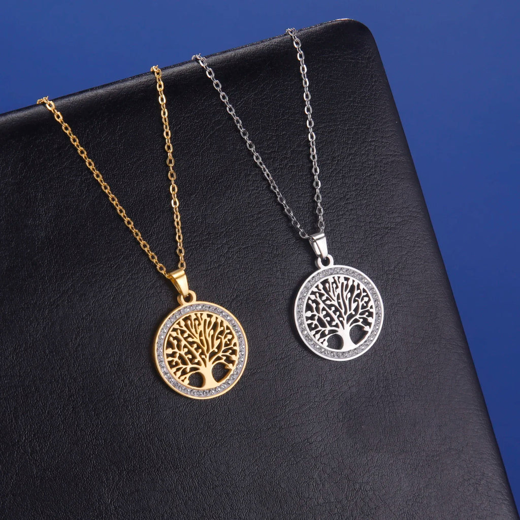Stainless Steel Tree of Life Pendant Necklace for Women Hollow Life Tree Necklace With AAA Zircon Border, Waterproof Hypoallergenic Non Fade Adjustable Chain Jewelry Gift