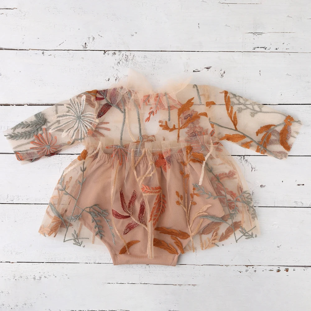 Newborn Girl Photography Dress Embroidered Floral Tulle Outfit Newborn Photo Shoot Dress Boho Newborn Photoshoot Outfits