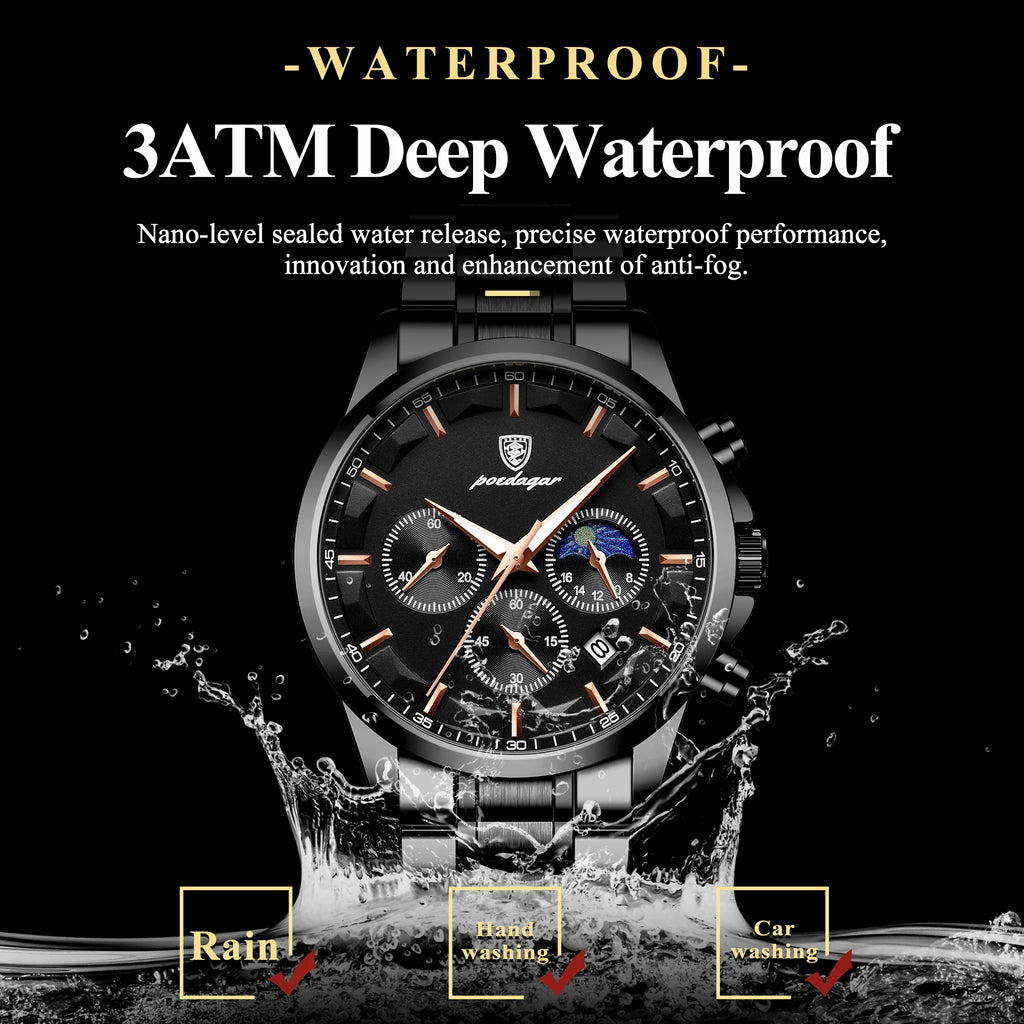 POEDAGAR Top Business Men's Watches Waterproof Luminous Stainless Steel Fashion Men Wristwatch Chronograph Date Man Quartz Watch