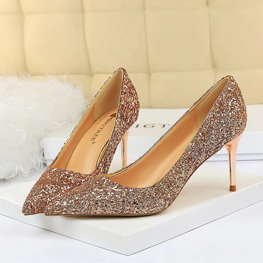 Women 7cm 9.5cm High Heels Bling Pumps Wedding Bridal Scarpins Sparkly Heels Lady Party Sequins Nightclub Evening Gold Red Shoes