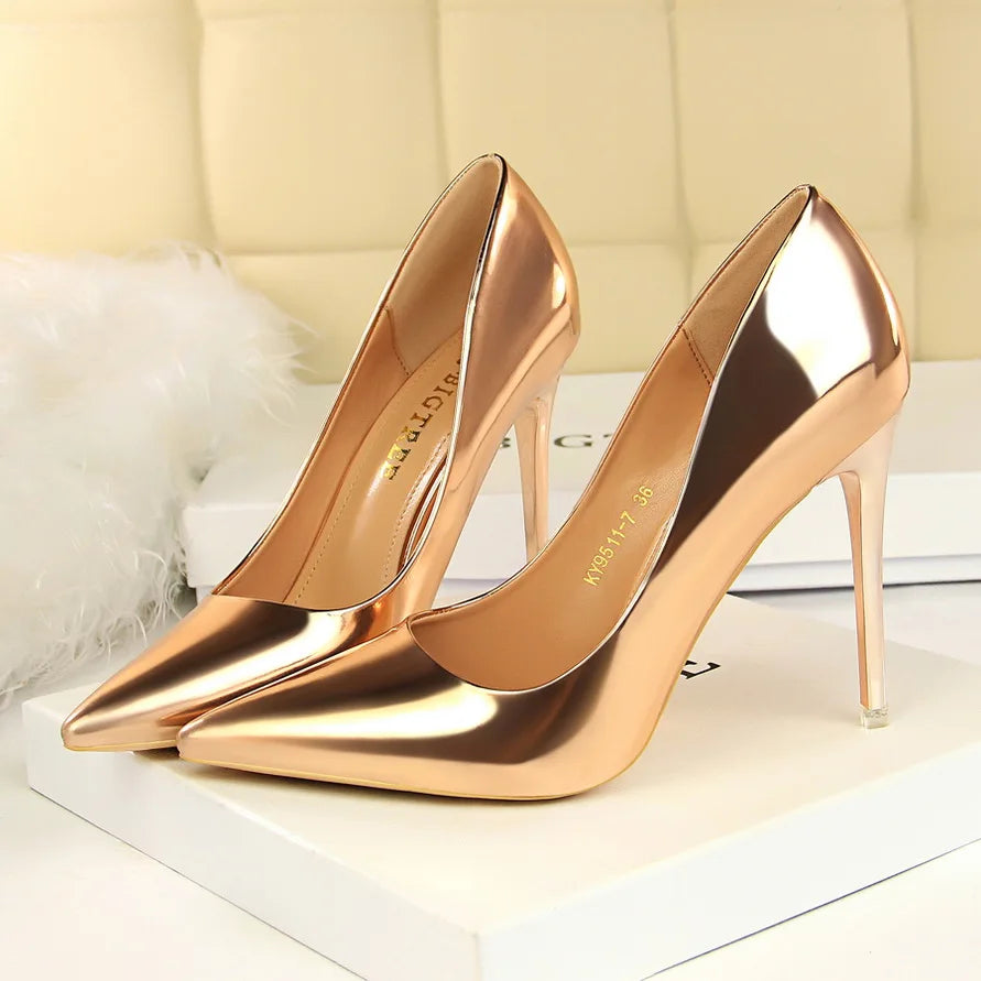 Women Mteallic Patent Bronze Leather Pumps 7.5cm 10.5cm High Heels Lady Stiletto Middle Low Heels Wedding Bridal Silver Shoes