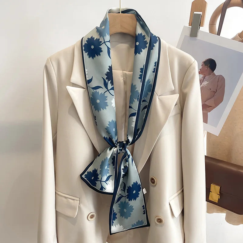 Floral Print 12*145cm Long Ribbon Silk Scarf Women Neck Scarves Headband Female Skinny Neckerchief Hair Band Neck Tie Bag Ribbon