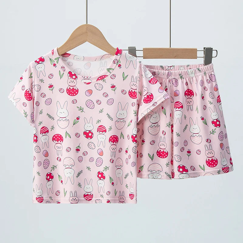 2 Pcs Children's Fun Printing Suit Boy Multicolor Dinosaur Short Sleeve Girl Sweet And Lovely Bow Comfortable Joker Shorts Suit