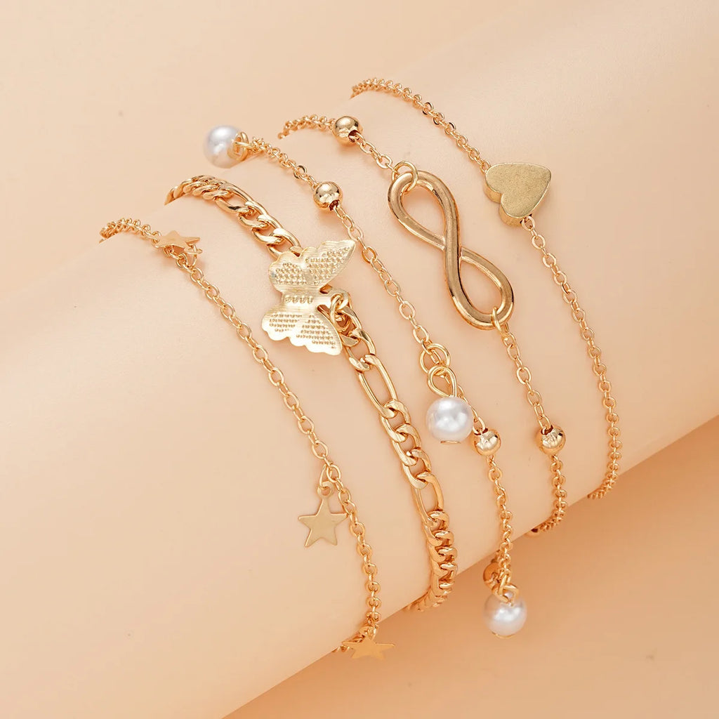 4Pcs Bohemian Butterfly Metal Butterfly Star Heart Pendant Women's Star Heart Pearl Charm Anklet Bracelet Women's Summer Beach Jewelry Accessories