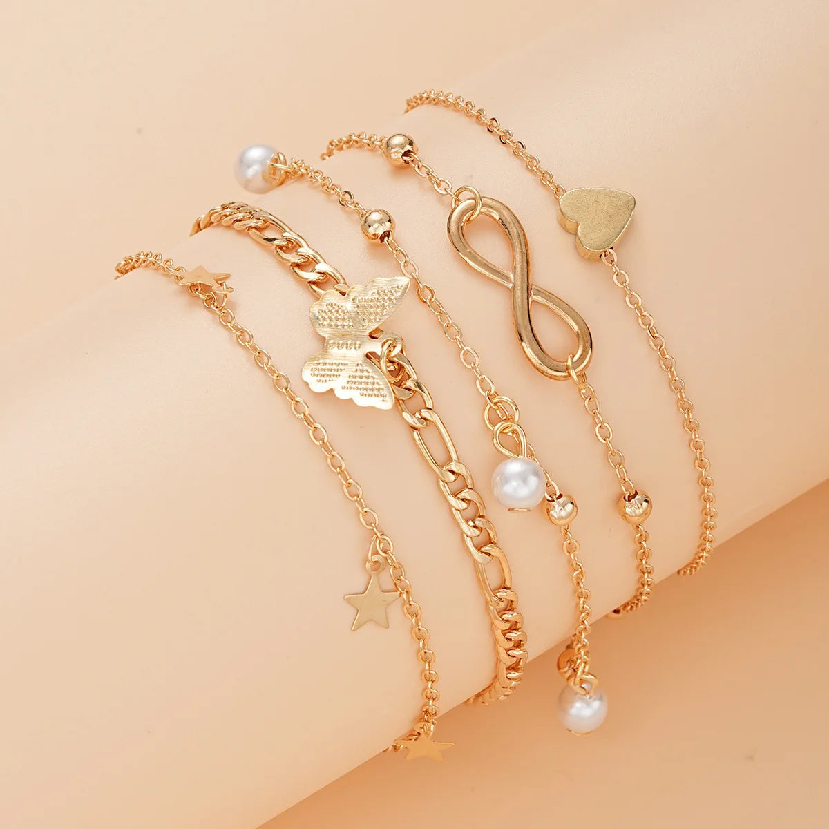 4Pcs Bohemian Butterfly Metal Butterfly Star Heart Pendant Women's Star Heart Pearl Charm Anklet Bracelet Women's Summer Beach Jewelry Accessories