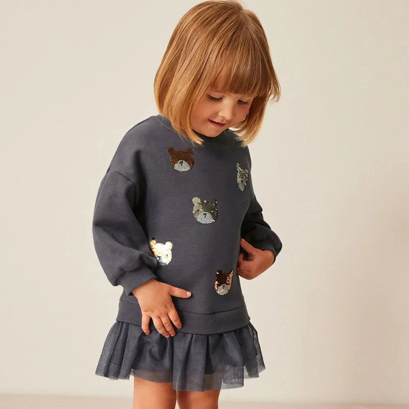 Jumping Meters 2-7T Bear Beading  Princess Girls Dresses For Autumn Spring Long Sleeve Party Girls Clothing Cute Baby Frocks