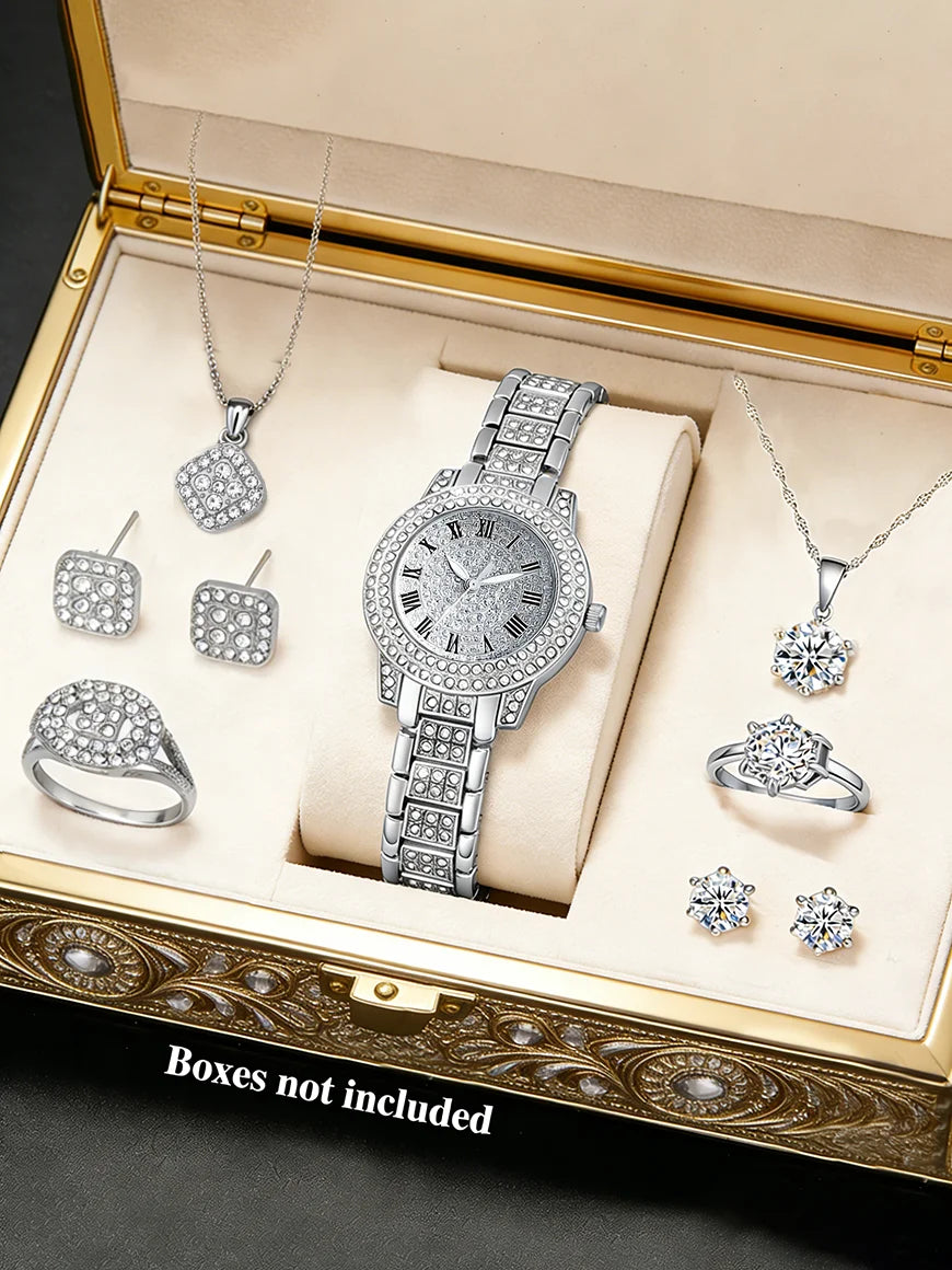 Fashionable round Ladies Quartz Watch And Hollow Embedded Jewelry Set Versatile Gift for Birthdays Elegant Accessory Set No Box