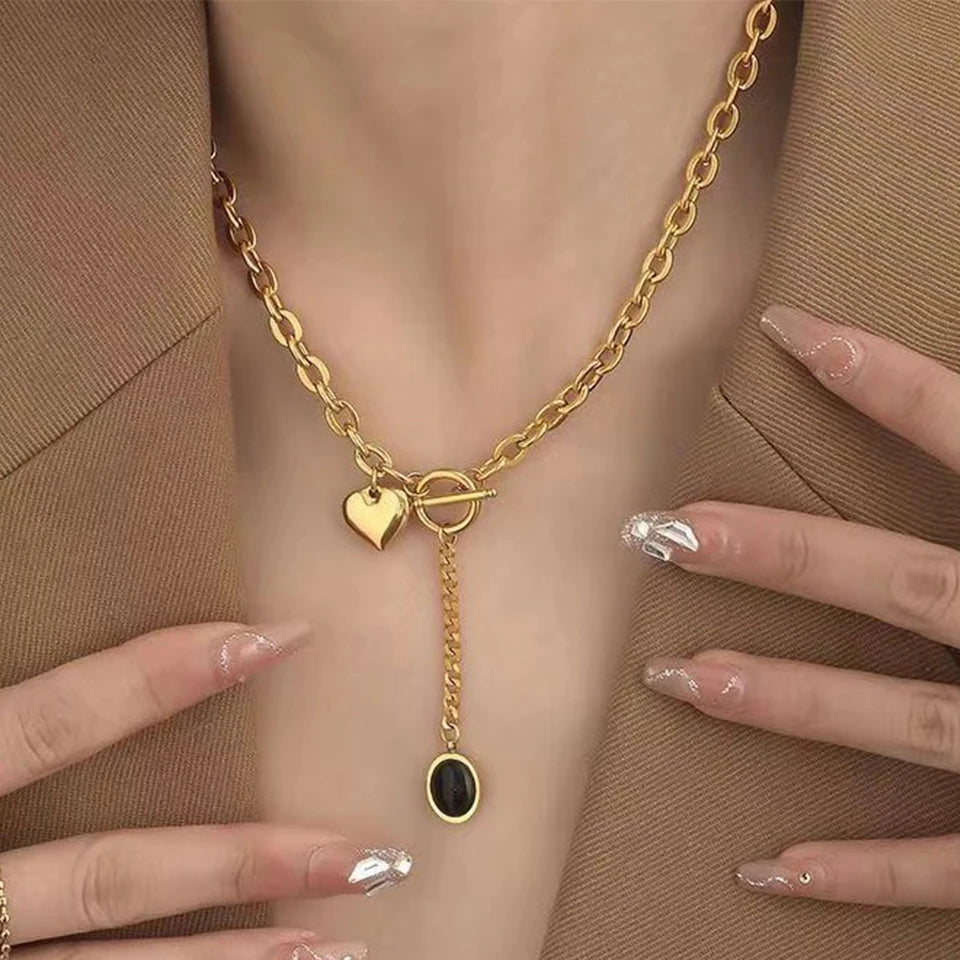 ZAKOL 316L Stainless Steel Heart Black Stone Pendant Necklace For Women Girls OT-Buckle Chain Versatile Jewelry Gifts