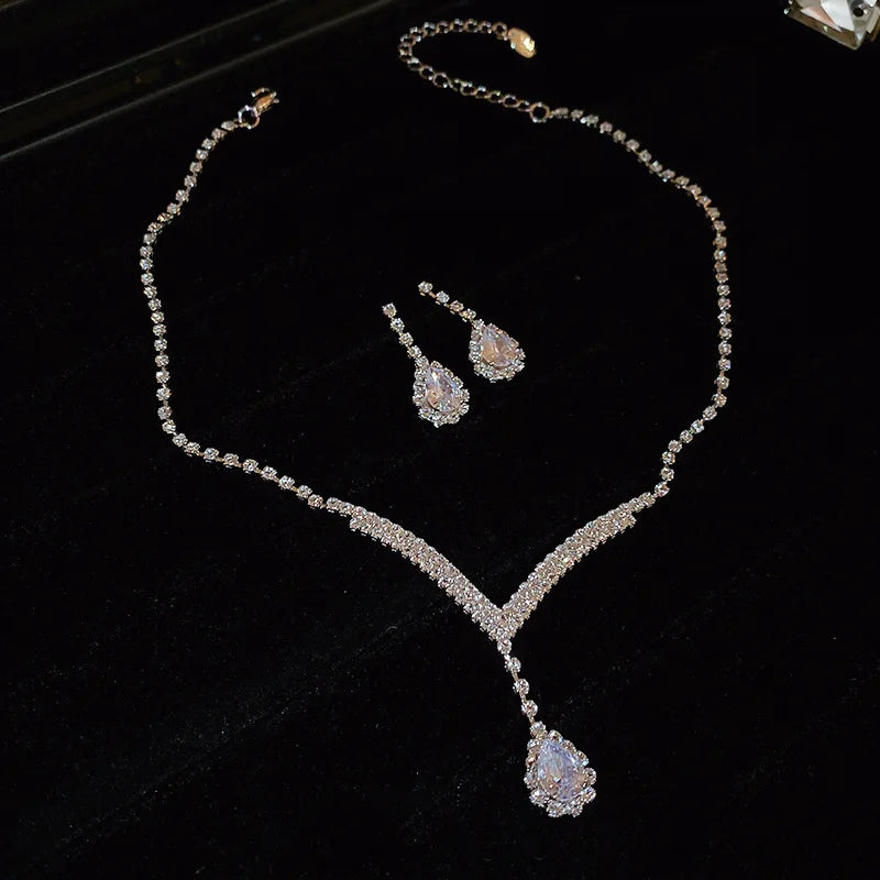 Sparkling Rhinestone Necklace Drop Earrings For Women Geometric Water Droplet Pendant Necklaces Wedding Bride Jewelry Sets