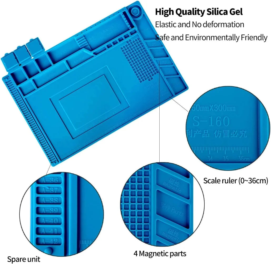 Soldering Station Mat Silicone Work Mat Heat Resistant 932°F Anti-Static Magnetic Mat for Electronic Phone Laptop Watch Repair