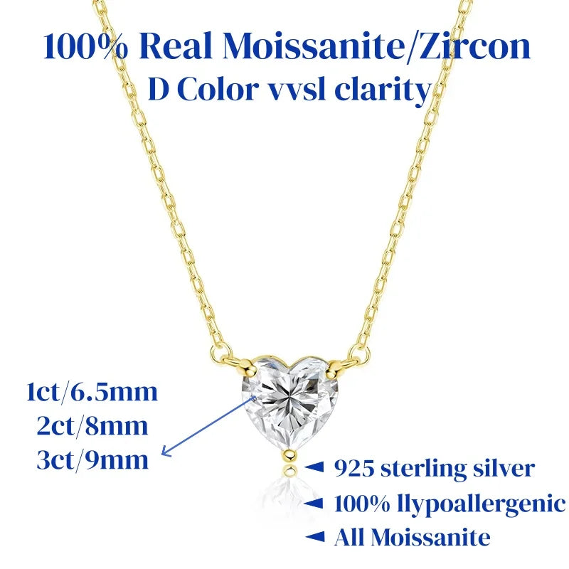 WSHUO 1/2/3ct Heart Cut Moissanite Pendant Necklace S925 Pure Silver Plated 18K Gold Women Necklace jewelry Gift GRA Certified