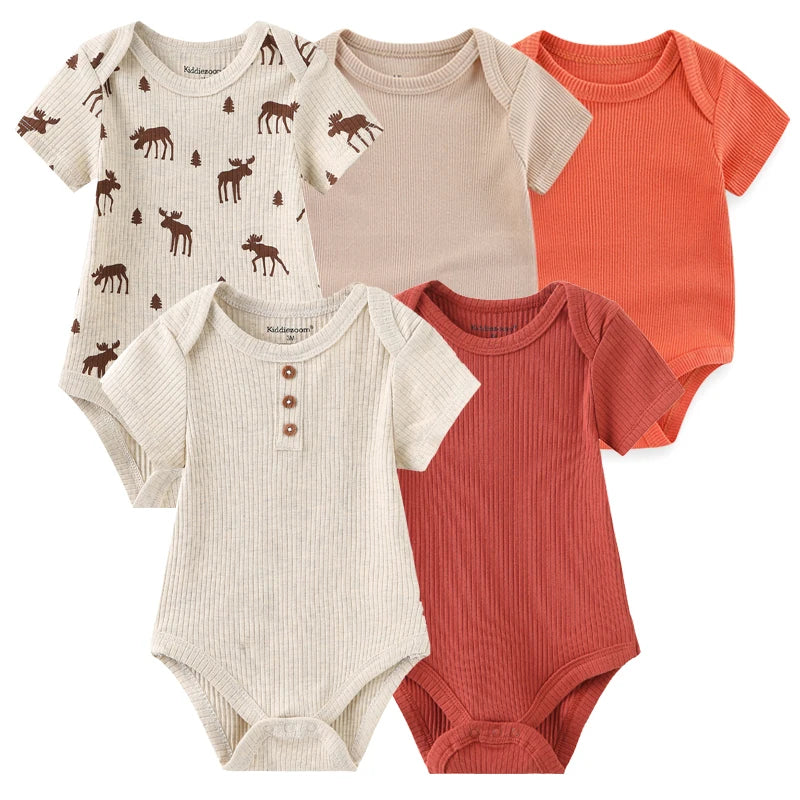 Newborn Bodysuits Unisex 5Pieces Baby Girl Clothes Solid Color Cotton Baby Boy Clothes Set Cartoon Print Summer Bebes