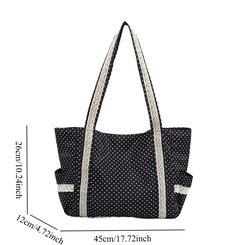 Women Niche Sweet Lace Shoulder Bag Korean Style Vintage Polka Dot Canvas Handbag Large Capacity Multi Pocket Commuting Tote Bag