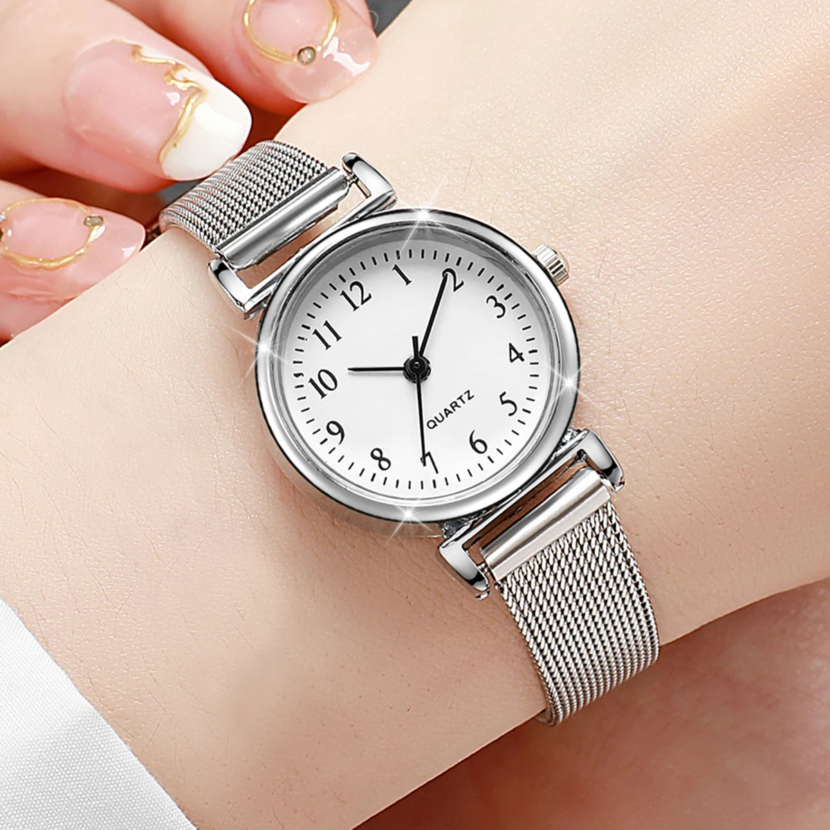 6PCS Fashion Women Watches Small Arabic Dial Quartz Watch Ladies Silver Mesh Band Wristwatches Jewelry Reloj Mujer（Without Box）