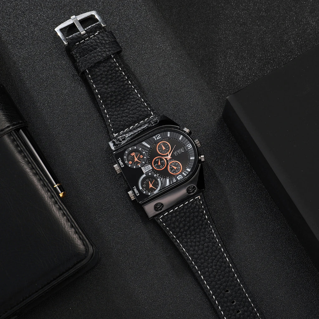 Fashion Decorative Five-eyes Big Dial Men's Quartz Watch Casual Leather Band Male Sports Watches