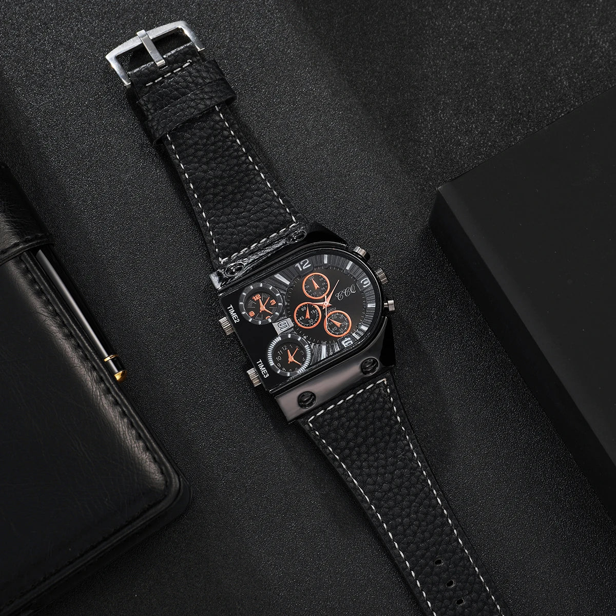 Fashion Decorative Five-eyes Big Dial Men's Quartz Watch Casual Leather Band Male Sports Watches