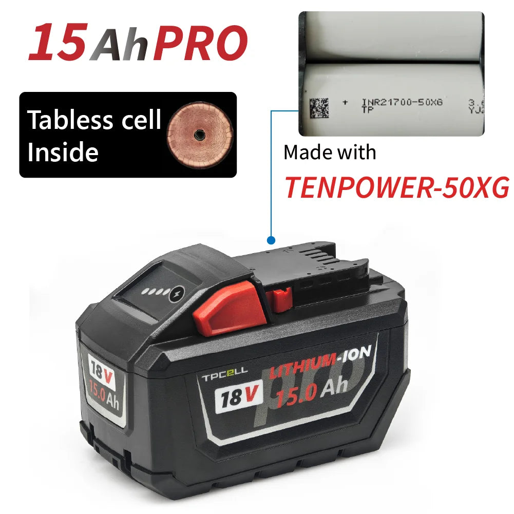 TPCELL 12AH/15AH For M.18 Tabless 21700 18V Professional  Battery Li-ion Replacement  High Output