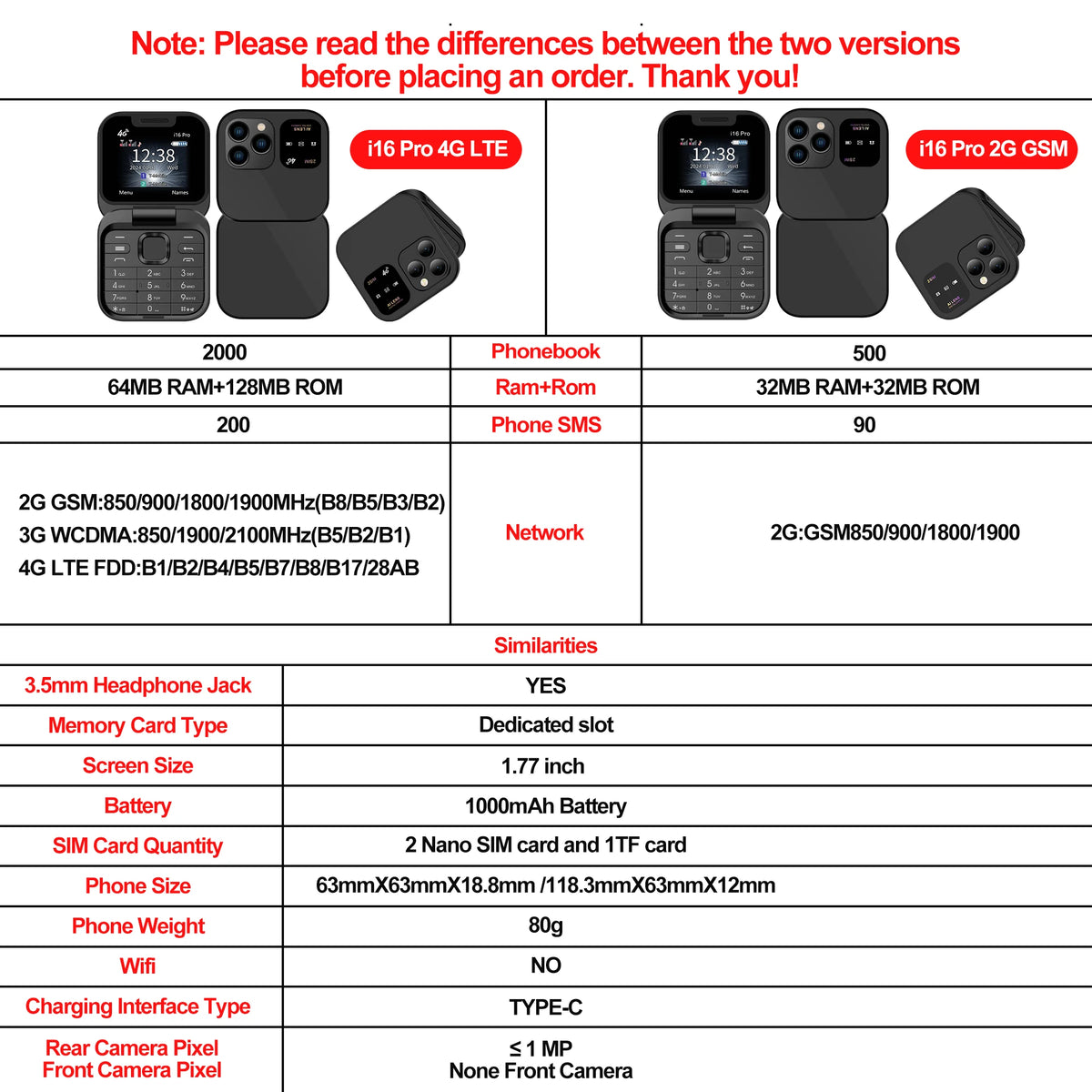 SERVO I16 PRO 4G LTE Foldable Mini Mobile Phone 2 SIM Speed Dial Call Recording Flashlight 1.77'' Screen Flip Cellphone Blacklis