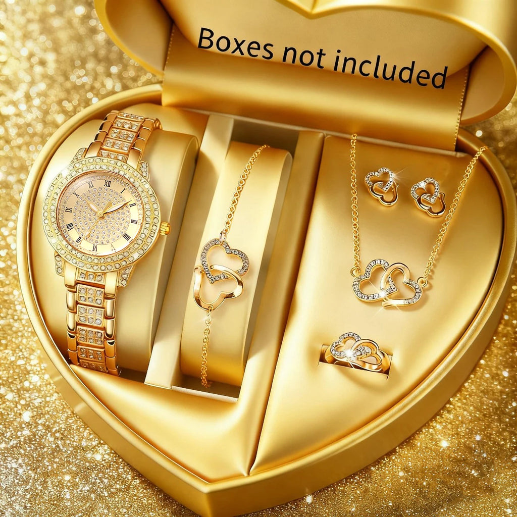5pcs women's watch set, fashionable and casual women's quartz watch and necklace, ring, earring accessory set