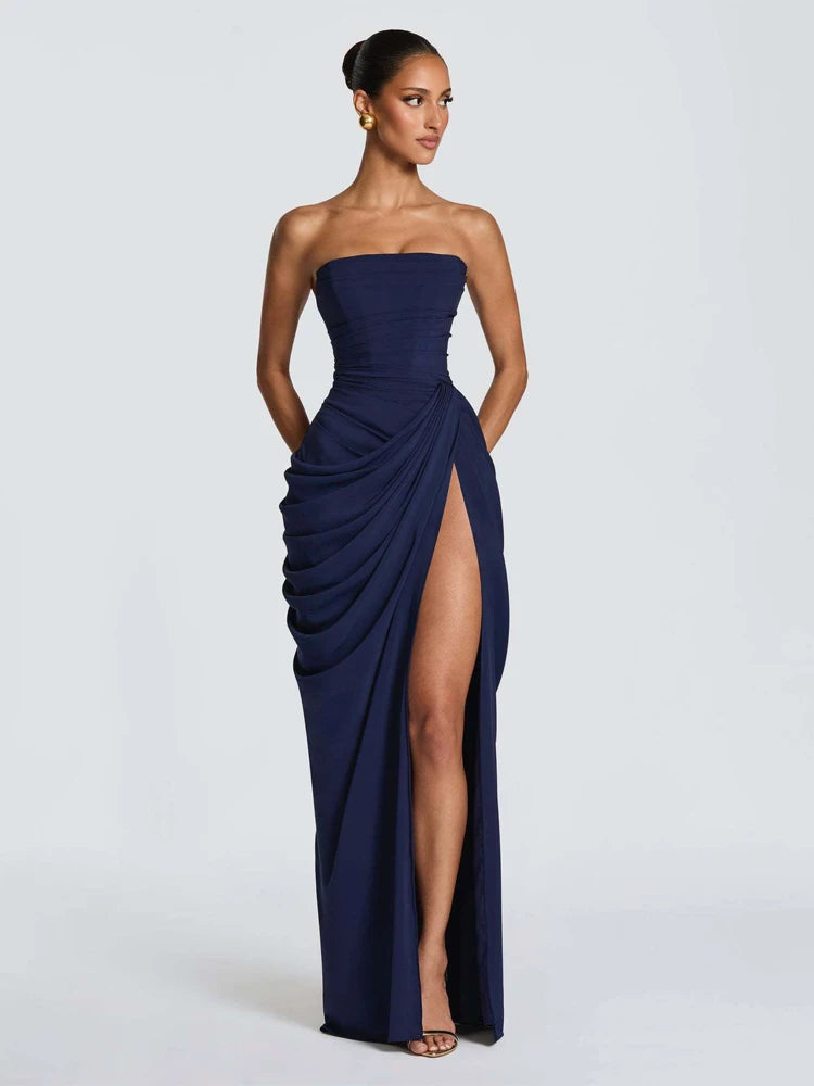 Elegant Yellow Strapless Pleated Long Dress Women Chic Solid Sleeveless Waist Cinching Split Gown 2026 Lady Evening Party Robes