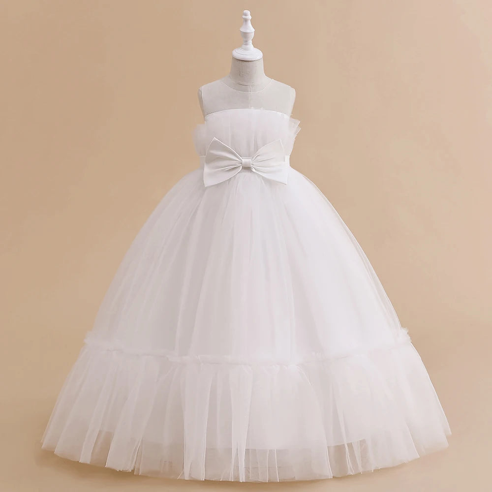 2023 Summer Girls Dress Tulle White Party Bridesmaid Dresses For Children Costume Elegant Kids Girl Wedding Evening Vestidos