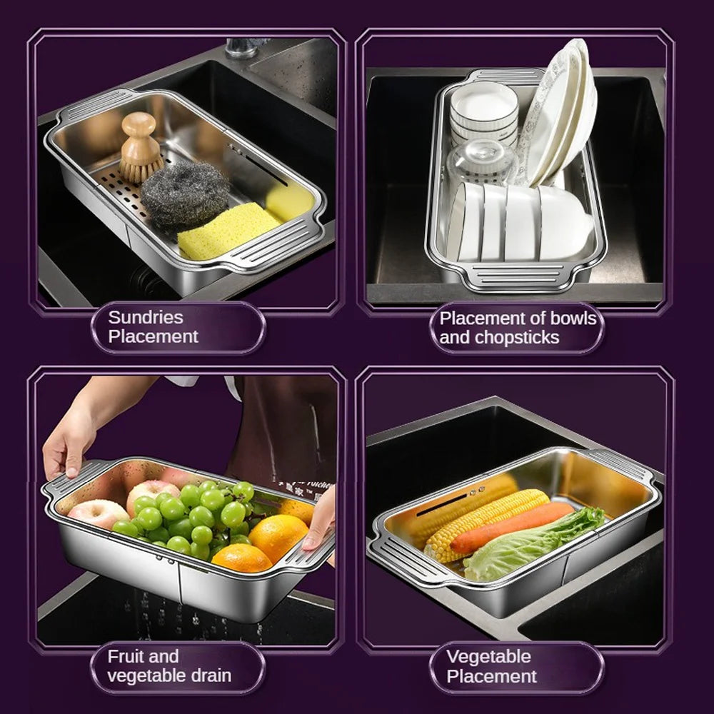 Stainless Steel Telescopic Sink Filter Basket, Adjustable Length, Used for Cleaning Fruits, Draining Spaghetti and Dishes