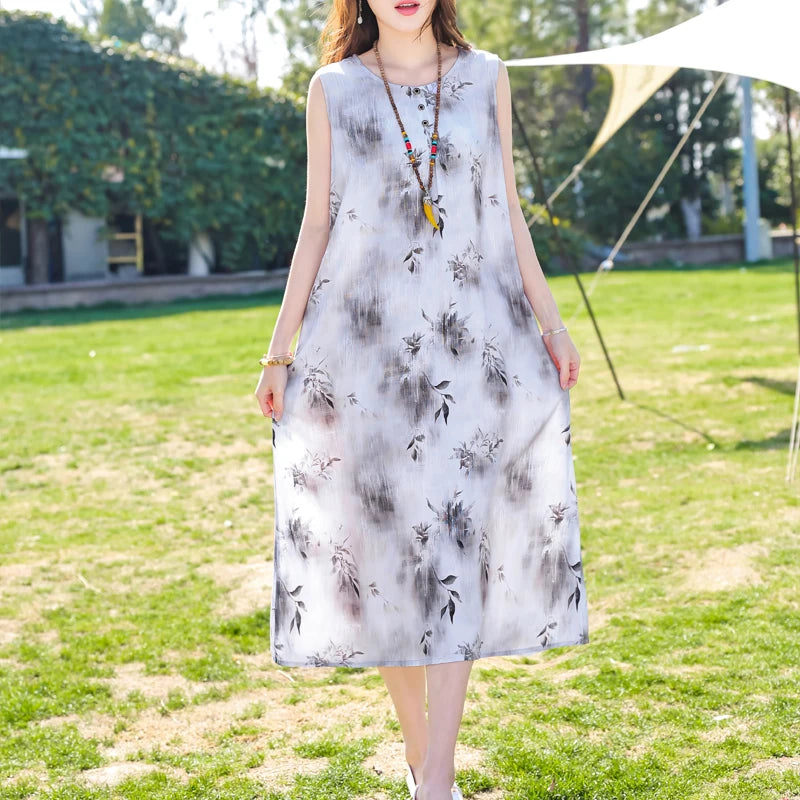 New Fashion Casual 2025 Summer Dress For Women Long Style Loose O-Neck Women Clothes Print Women Clothing Dresses