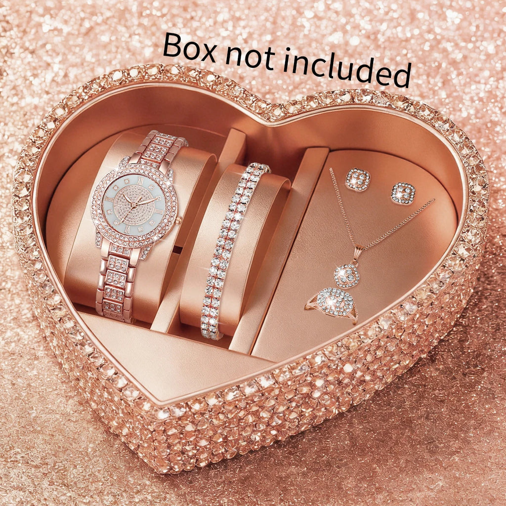 6PCS Fashion Rhinestone Women Watches Jewelry Set Elegant Ladies Quartz Watch Reloj Mujer Girls Clock Gift (Without Box)