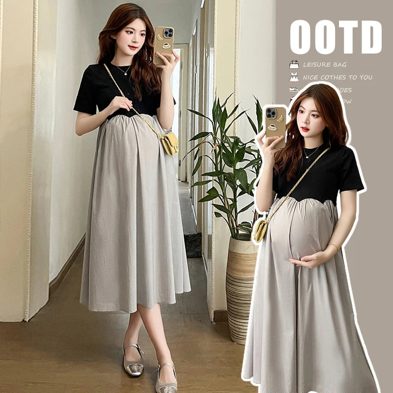 2025 French Style Pregnant Women Elegant Dress Plus Size Long Sleeve O-Neck High Waist Maternity A-Line Dress Long Loose Clothes