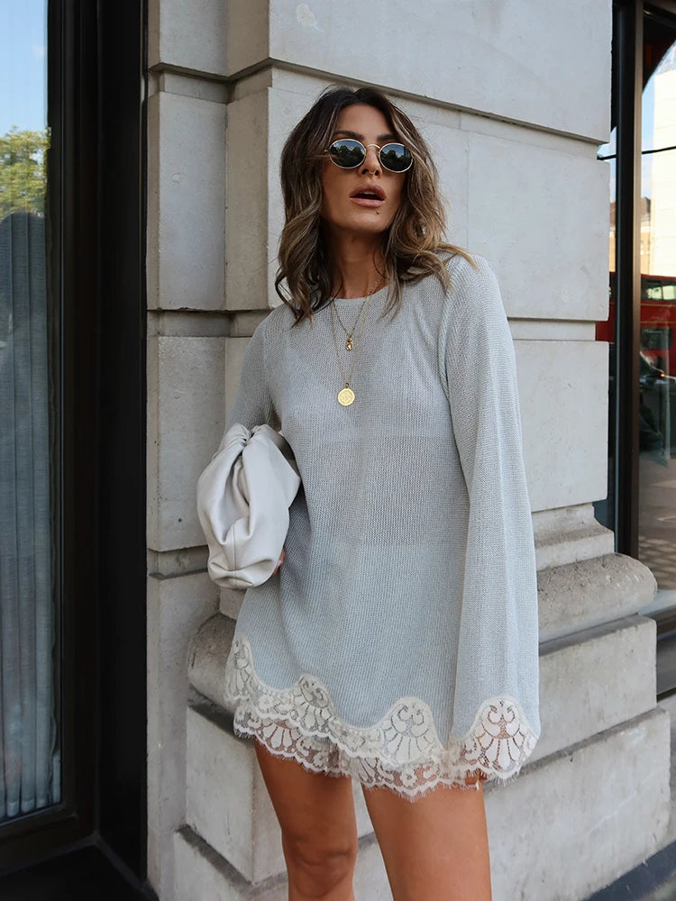 Stylish Blue Lace Trim Mesh Knit Top O-Neck Long Sleeve Loose Tops High Waist Shorts Suit Lady Autumn Casual Vacation Streetwear
