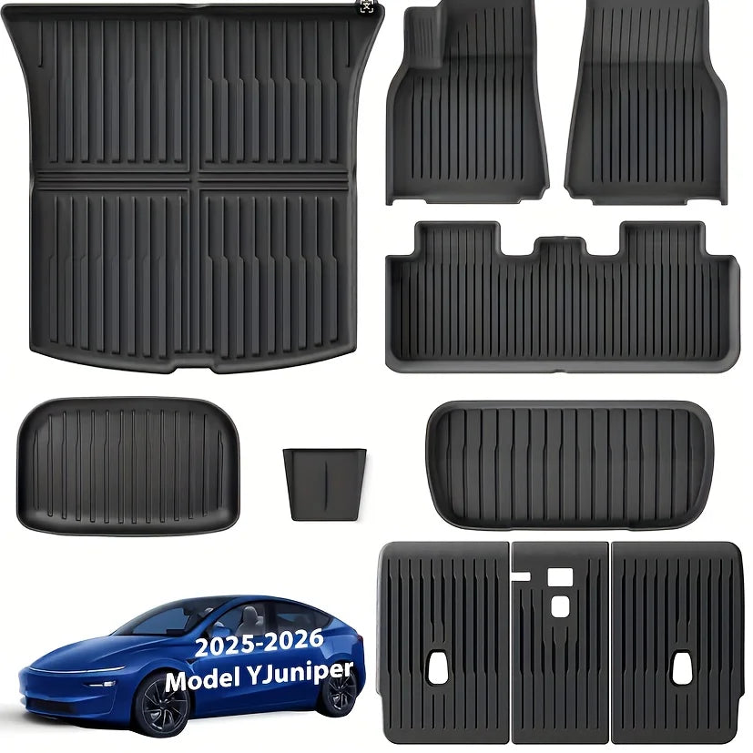 For 2025-2026 Model Y 7PCS Full Set TPE Floor Mats Custom Fit All Weather Waterproof Non-Slip Odorless Easy Clean Cargo Mat Rear Seat Back Cover, Not Fit Standard Version