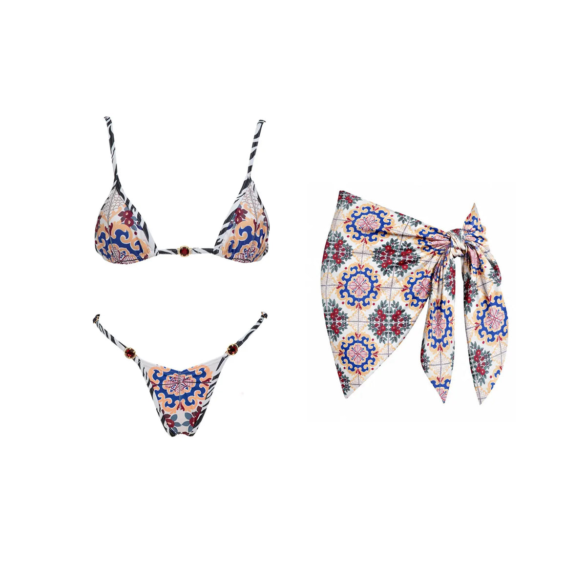 Push Up 2026 New Retro Prints 3 Pieces Bikinis Sets With Mesh Pants Beachwear Sexy Women's Swimsuit Cover-ups Strappy Beach Wear